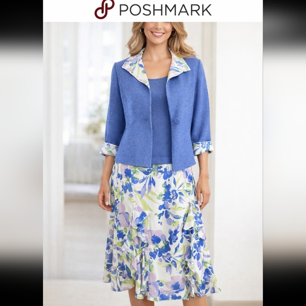 St John Santana Knit 3PC Suit Set Periwinkle Blazer/Shell/Silk Floral Skirt-SZ 6